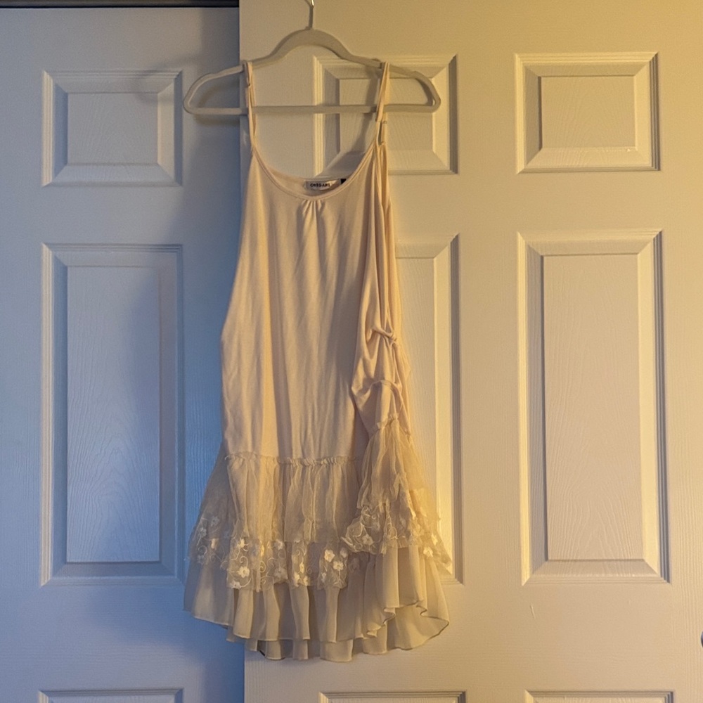 Cream Lace-Trim Midi Dress with Floral Ruffle